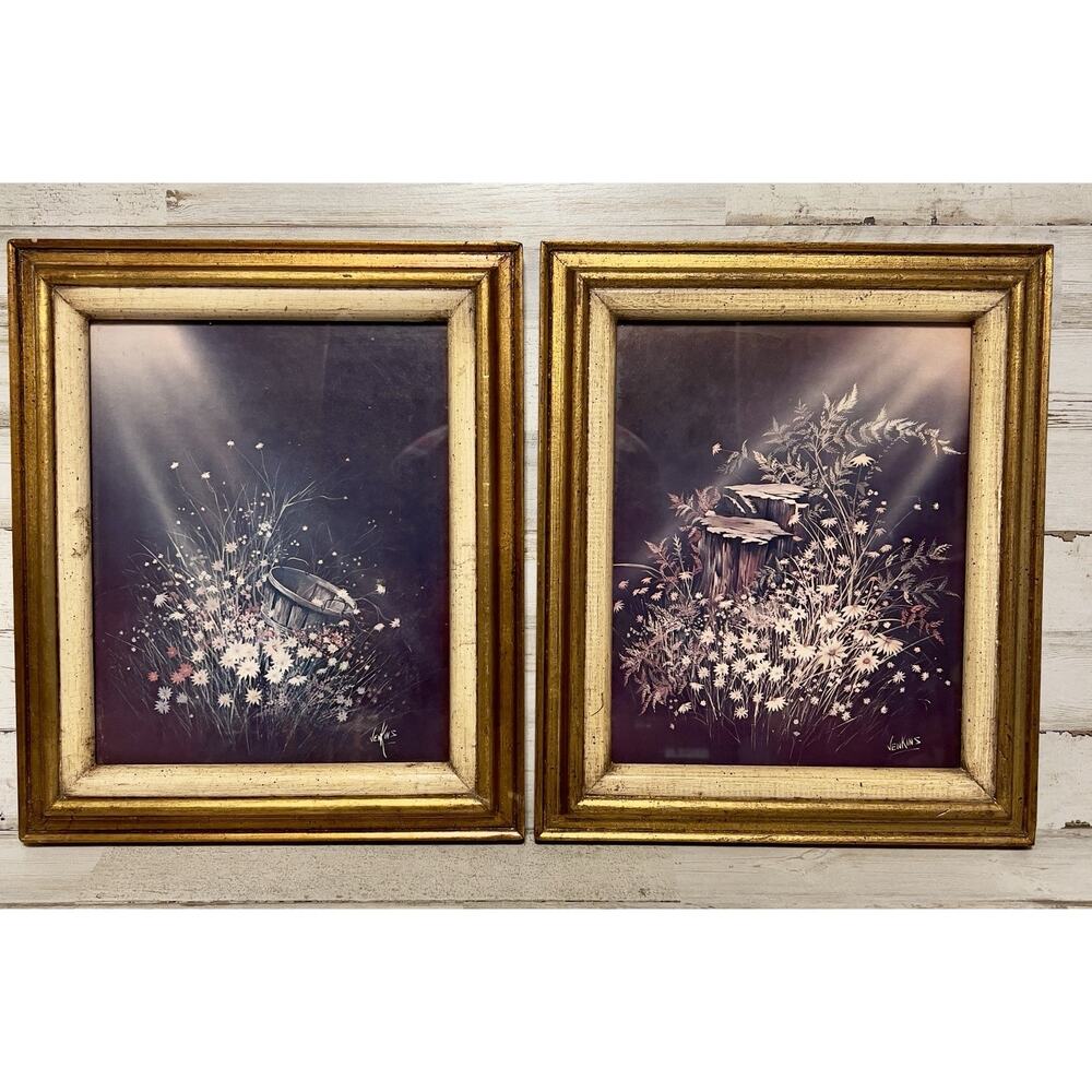 Vintage Floral Still Life Framed Wall Art Gold Ornate Frames Set of 2 Decor